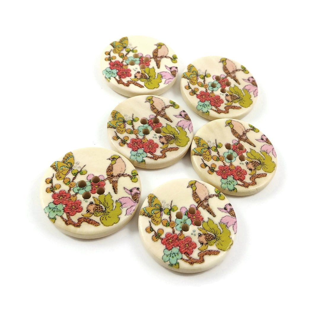 Bird and Foliage Pattern Wooden Sewing Button 30mm - set of 6 wood buttons