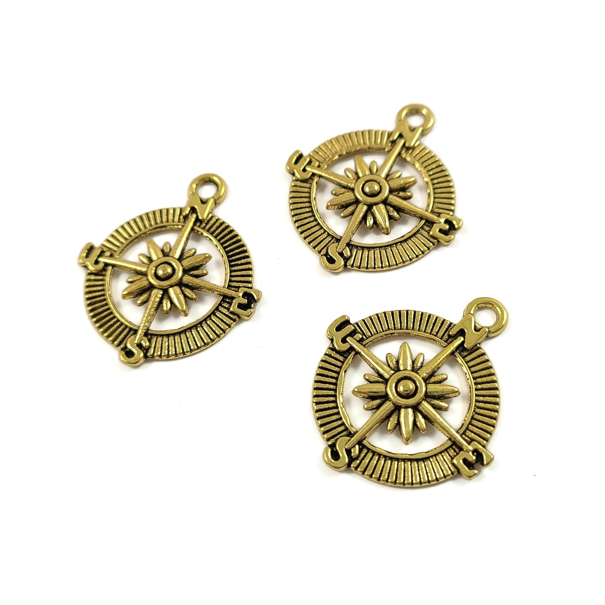3 Compass rose charms - Hypoallergenic pendant - Gold, bronze, or silver plated