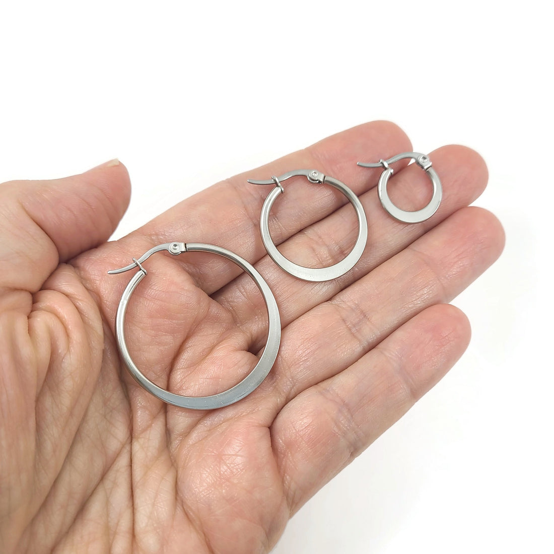 2 Silver stainless steel latch back earring hoops