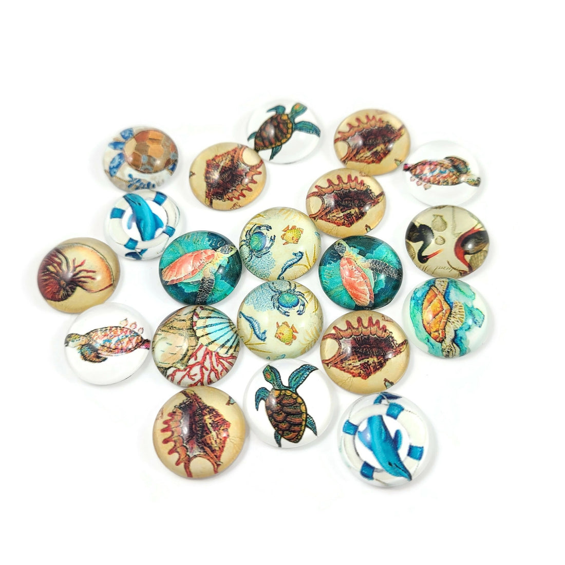 set of 20 mixed treasures of the sea glass cabochons, round dome cabochons