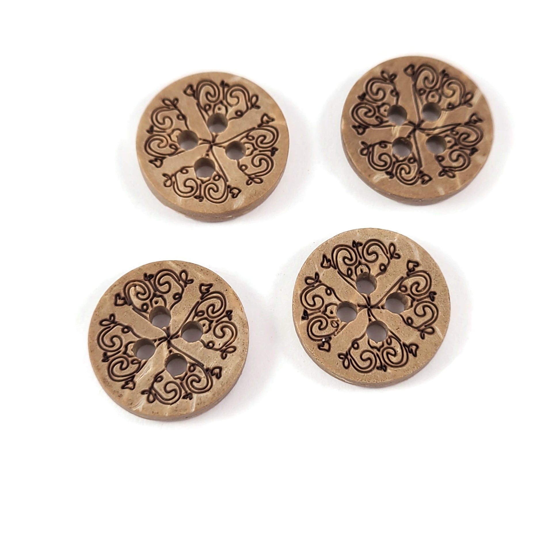 6 rustic carved floral coconut buttons 13mm