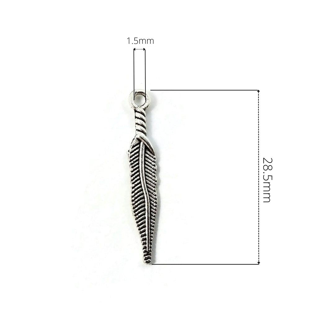 10 feather charms, 29mm nickel free metal pendants