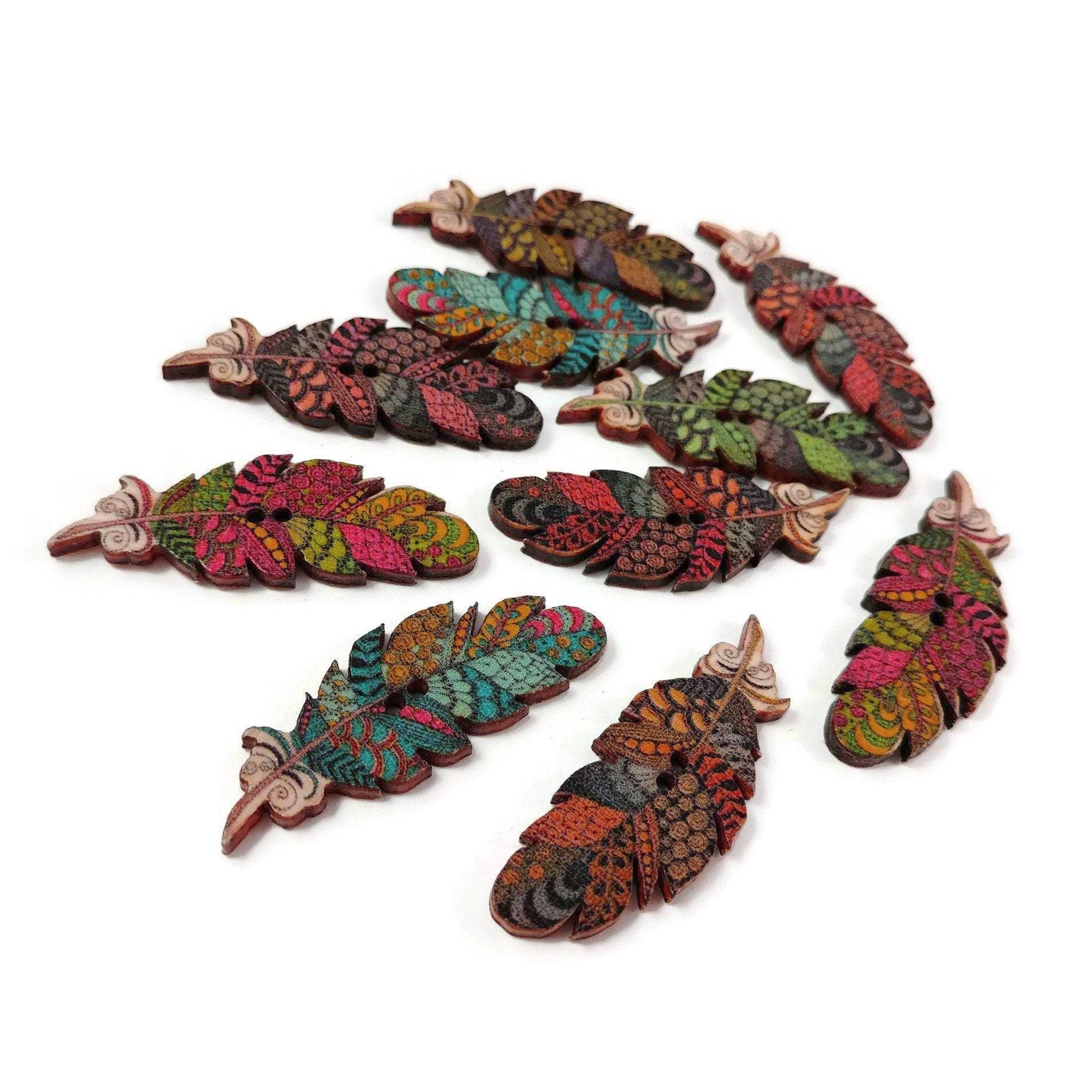 6 Boutons plumes bohos couleurs variées - lot de boutons en bois 40mm
