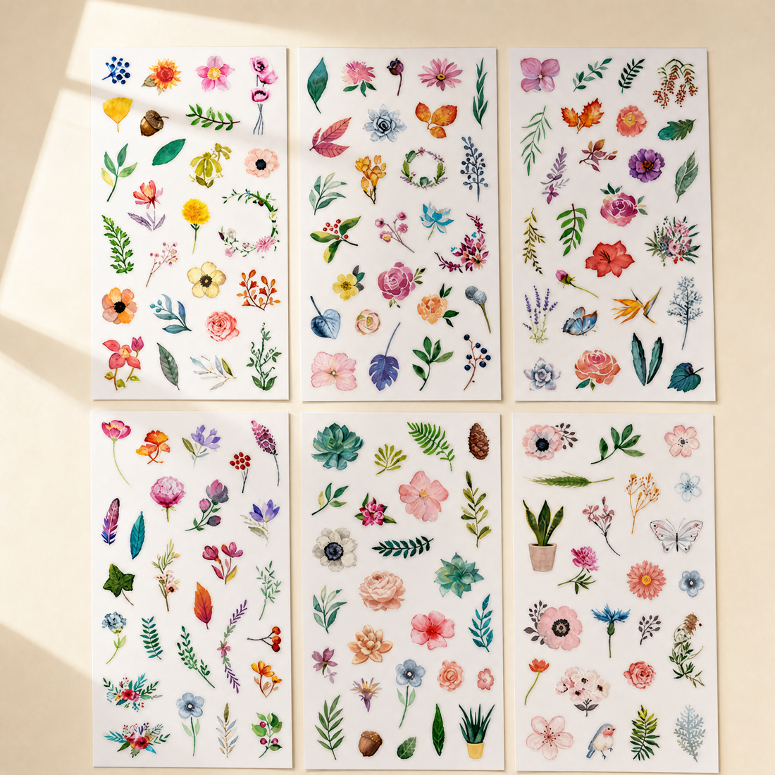 6 feuilles d'autocollants - Fleurs et feuilles