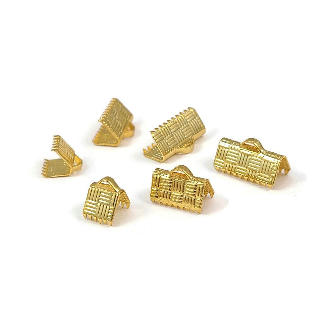 10 Gold Brass Textured Crimp Ribbon Ends