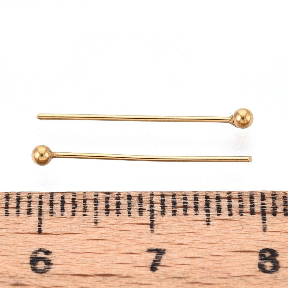 10 goupilles à tête sphérique en acier inoxydable plaqué or PVD - calibre 24