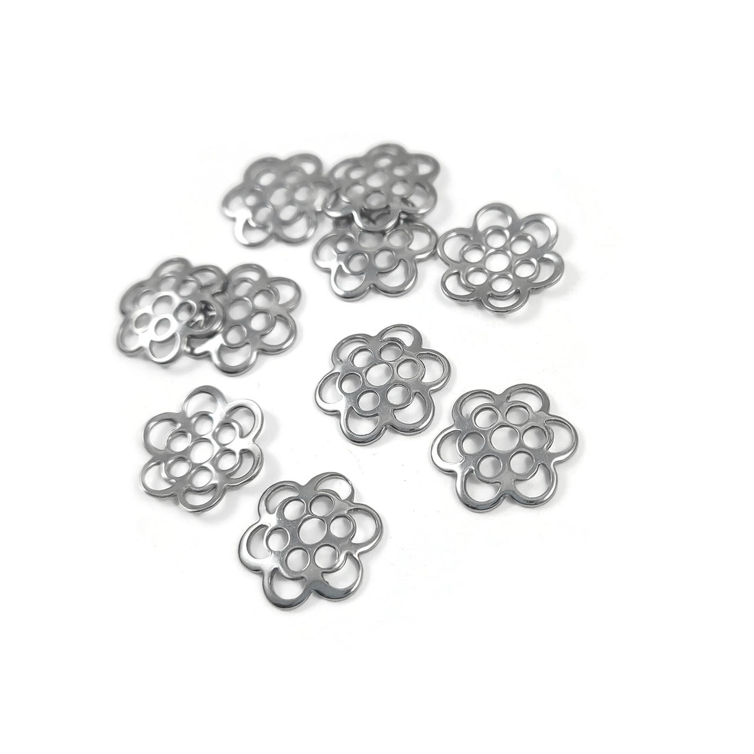 10 Stainless Steel 6-Petal Flower Bead Caps – 14mm