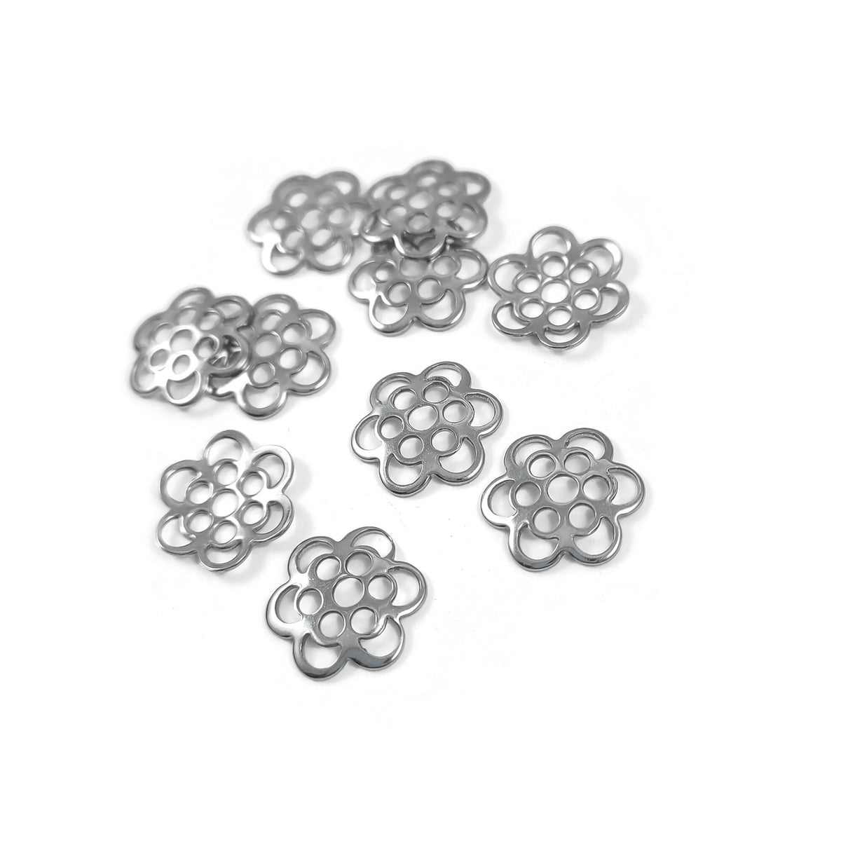 10 Stainless Steel 6-Petal Flower Bead Caps – 14mm