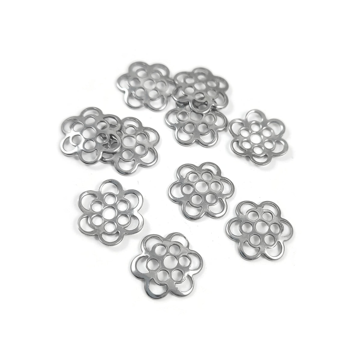 10 Stainless Steel 6-Petal Flower Bead Caps – 14mm