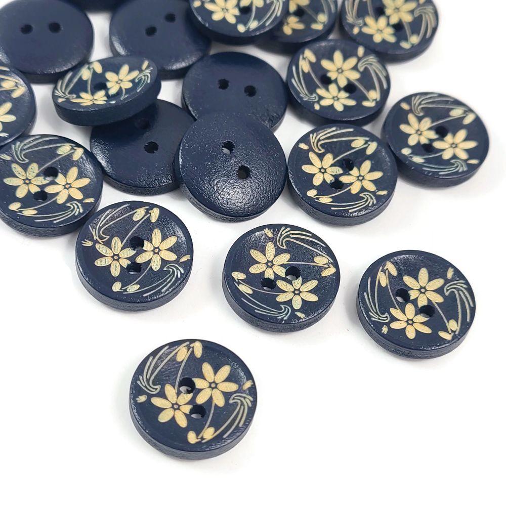 6 boutons de bois marine avec motif de fleurs 15mm