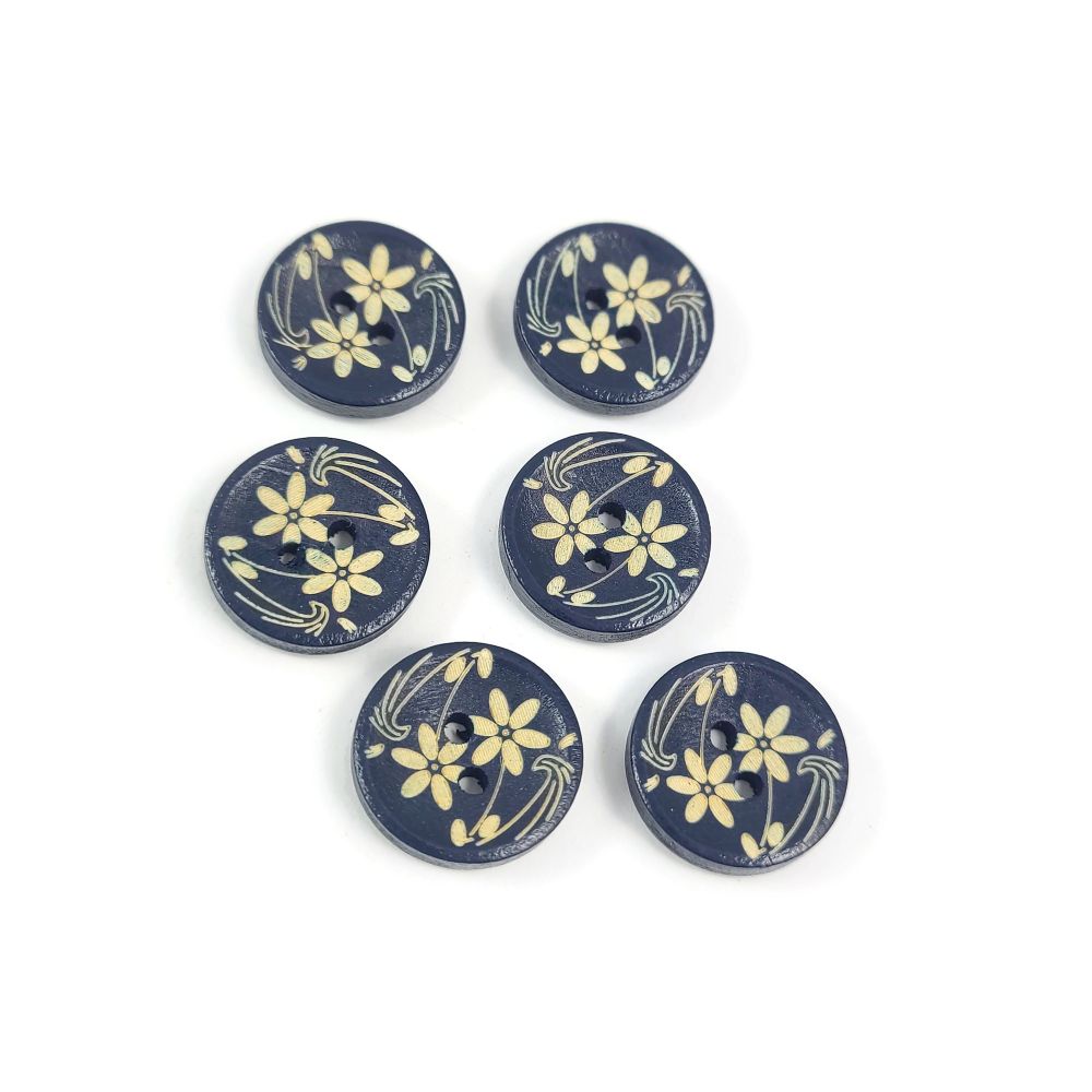 6 boutons de bois marine avec motif de fleurs 15mm