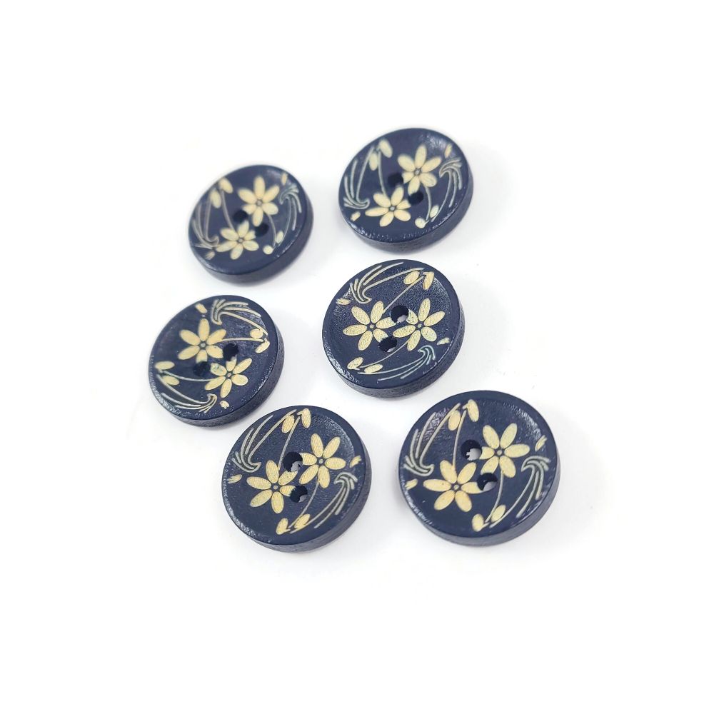 6 boutons de bois marine avec motif de fleurs 15mm