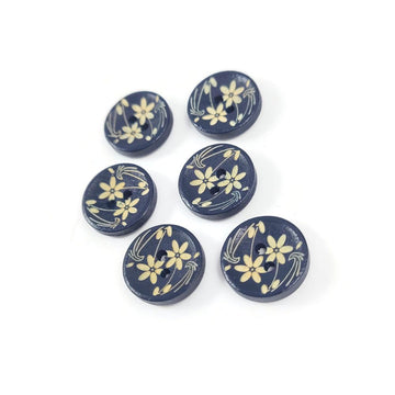 6 boutons de bois marine avec motif de fleurs 15mm