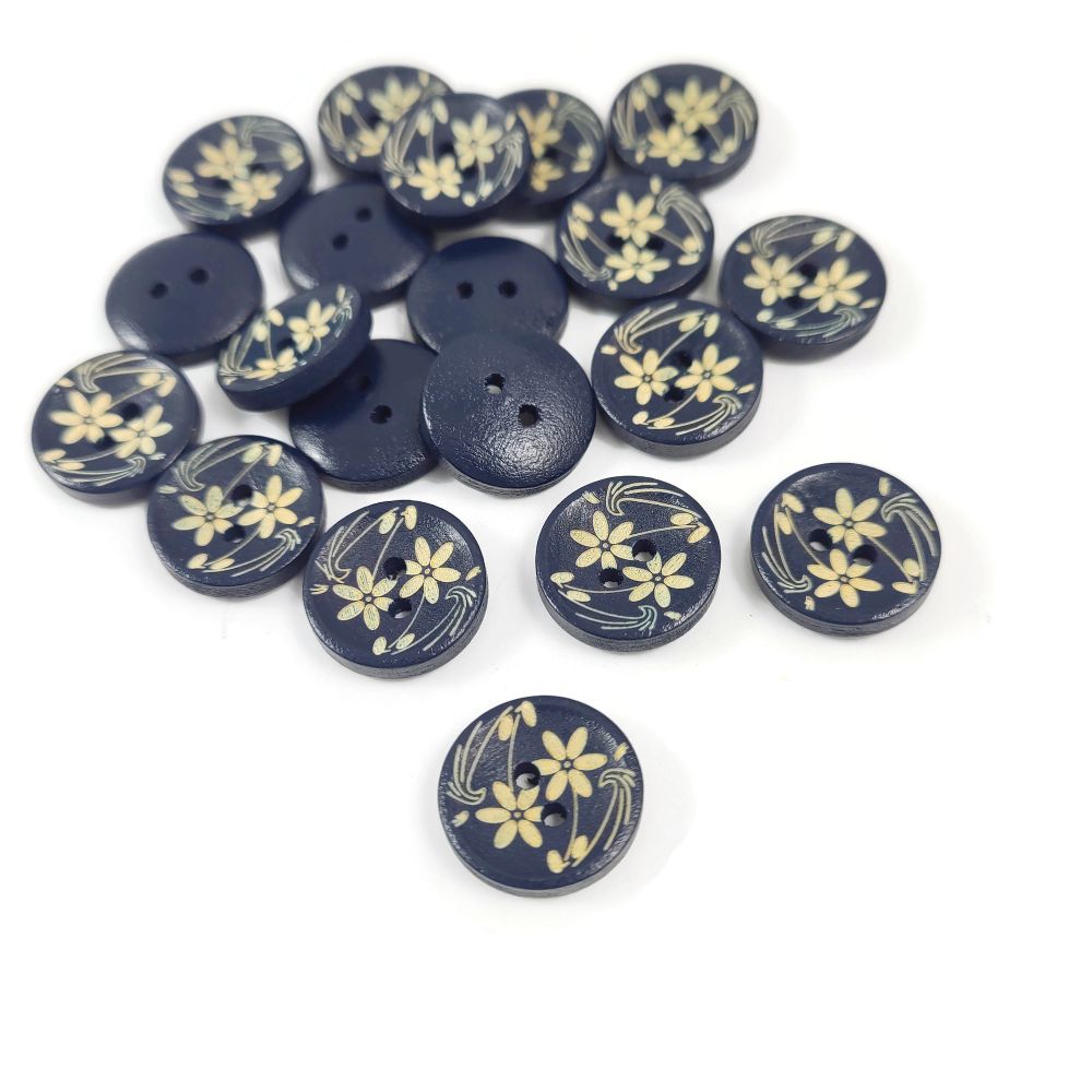 6 boutons de bois marine avec motif de fleurs 15mm
