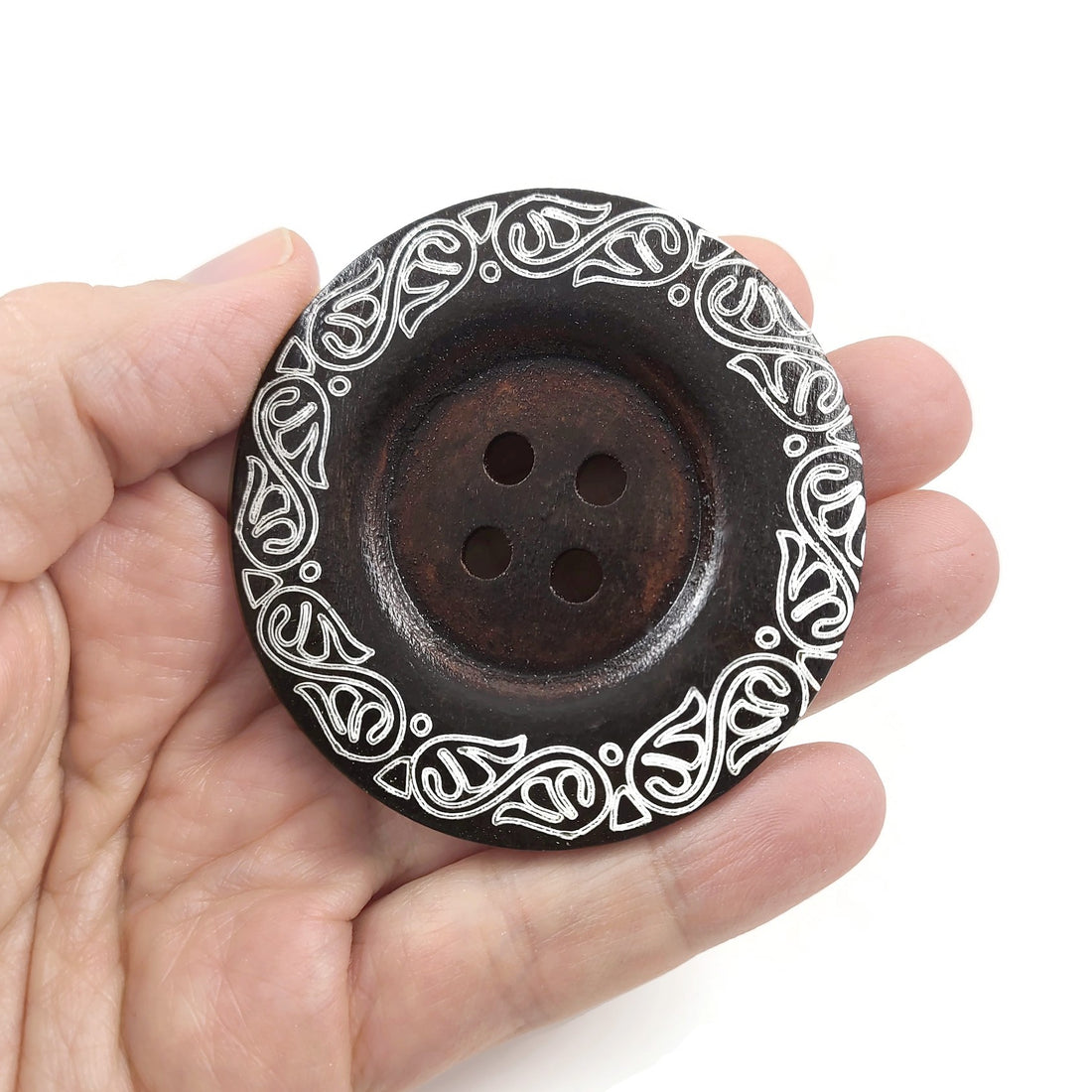 3 Extra Large Wooden Buttons with Vine Pattern – 60mm