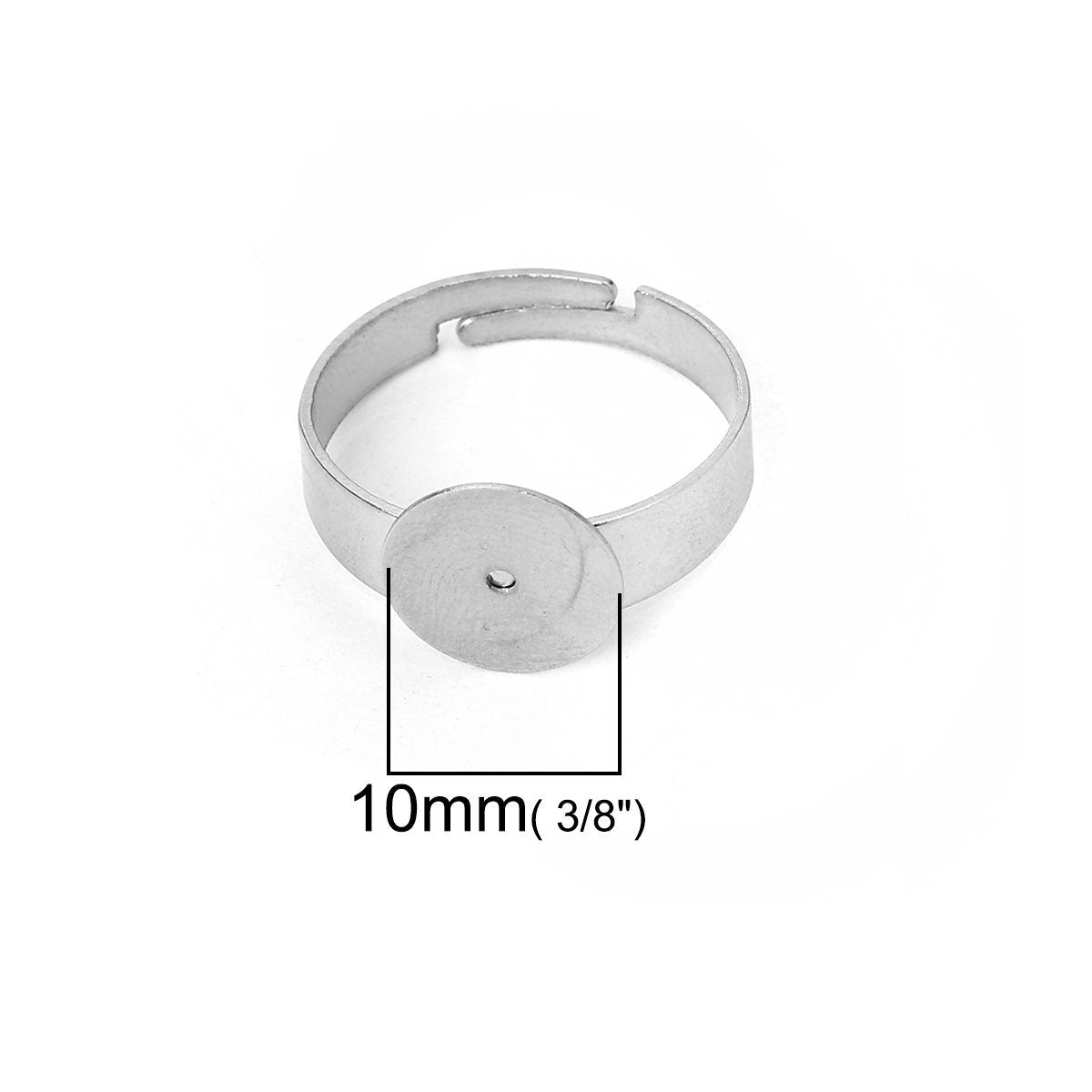 Stainless steel adjustable open glue-on rings round 6mm 8mm 10mm 12mm pad settings - Hypoallergenic jewelry findings