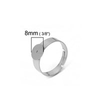 Stainless steel adjustable open glue-on rings round 6mm 8mm 10mm 12mm pad settings - Hypoallergenic jewelry findings