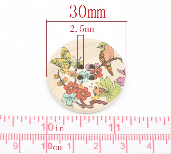 6 Bird and Foliage Pattern Wooden Sewing Buttons 30mm
