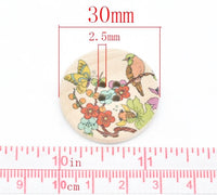 6 Bird and Foliage Pattern Wooden Sewing Buttons 30mm