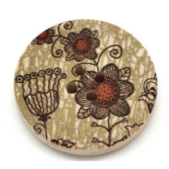Bouton de bois avec motif vert kaki et orange de fleur - ensemble de 6 boutons en bois naturel de 3cm