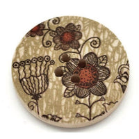 Khaki and Pumkin Wooden Buttons 30mm - Natural wood flowers pattern painting sewing button set of 6