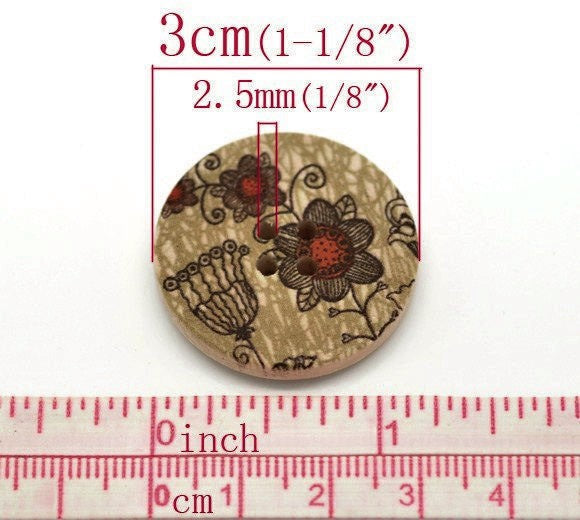 Khaki and Pumkin Wooden Buttons 30mm - Natural wood flowers pattern painting sewing button set of 6