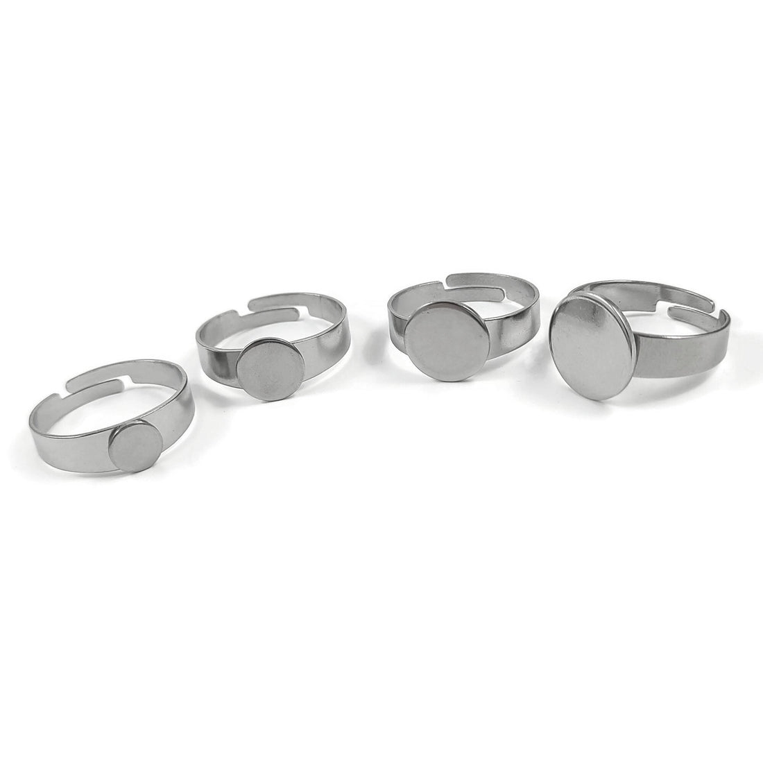 Stainless steel adjustable open glue-on rings round 6mm 8mm 10mm 12mm pad settings - Hypoallergenic jewelry findings