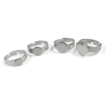 Stainless steel adjustable open glue-on rings round 6mm 8mm 10mm 12mm pad settings - Hypoallergenic jewelry findings