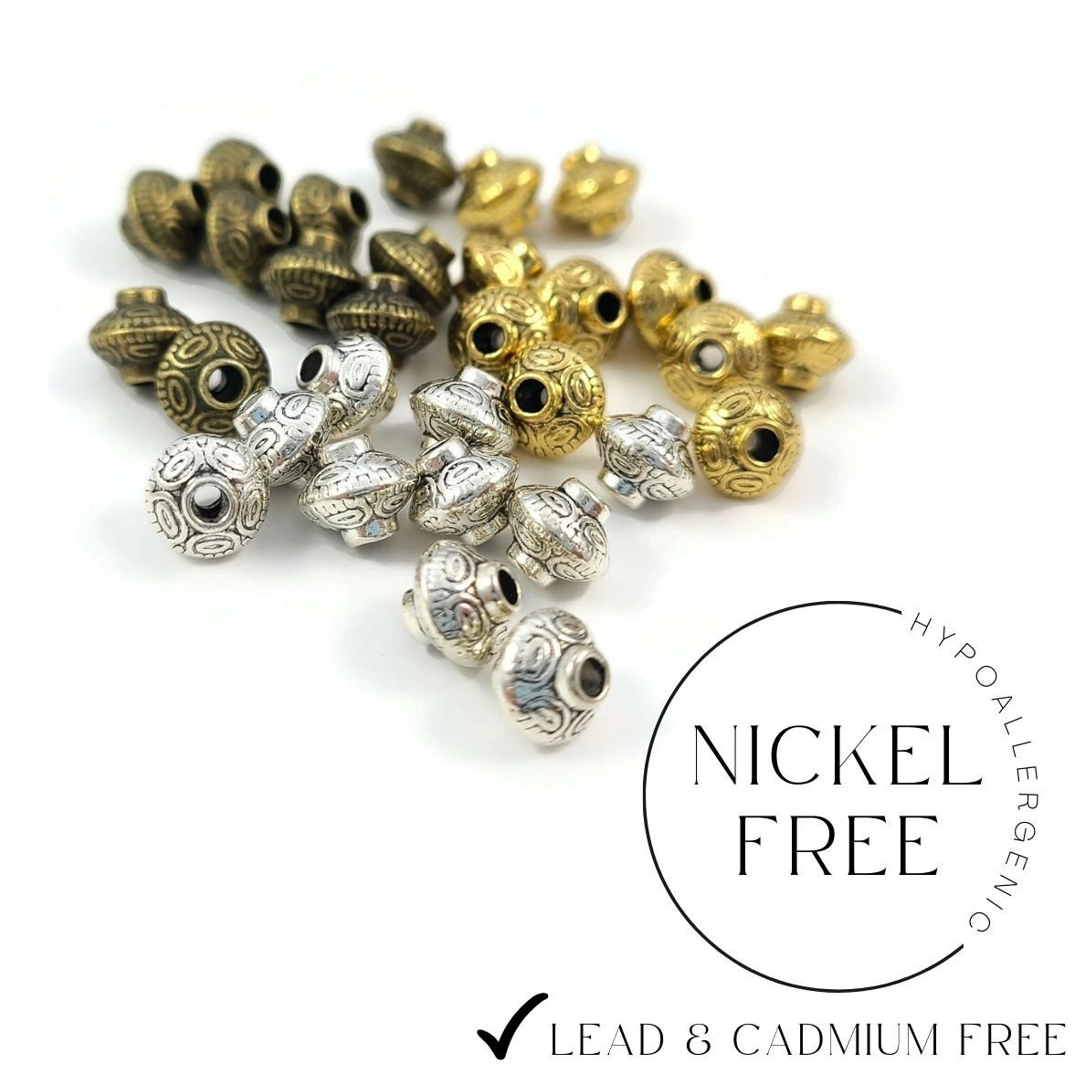 10 Tibetan bicone spacer beads 6mm - Nickel, lead, and cadmium free - Gold, Silver, Bronze