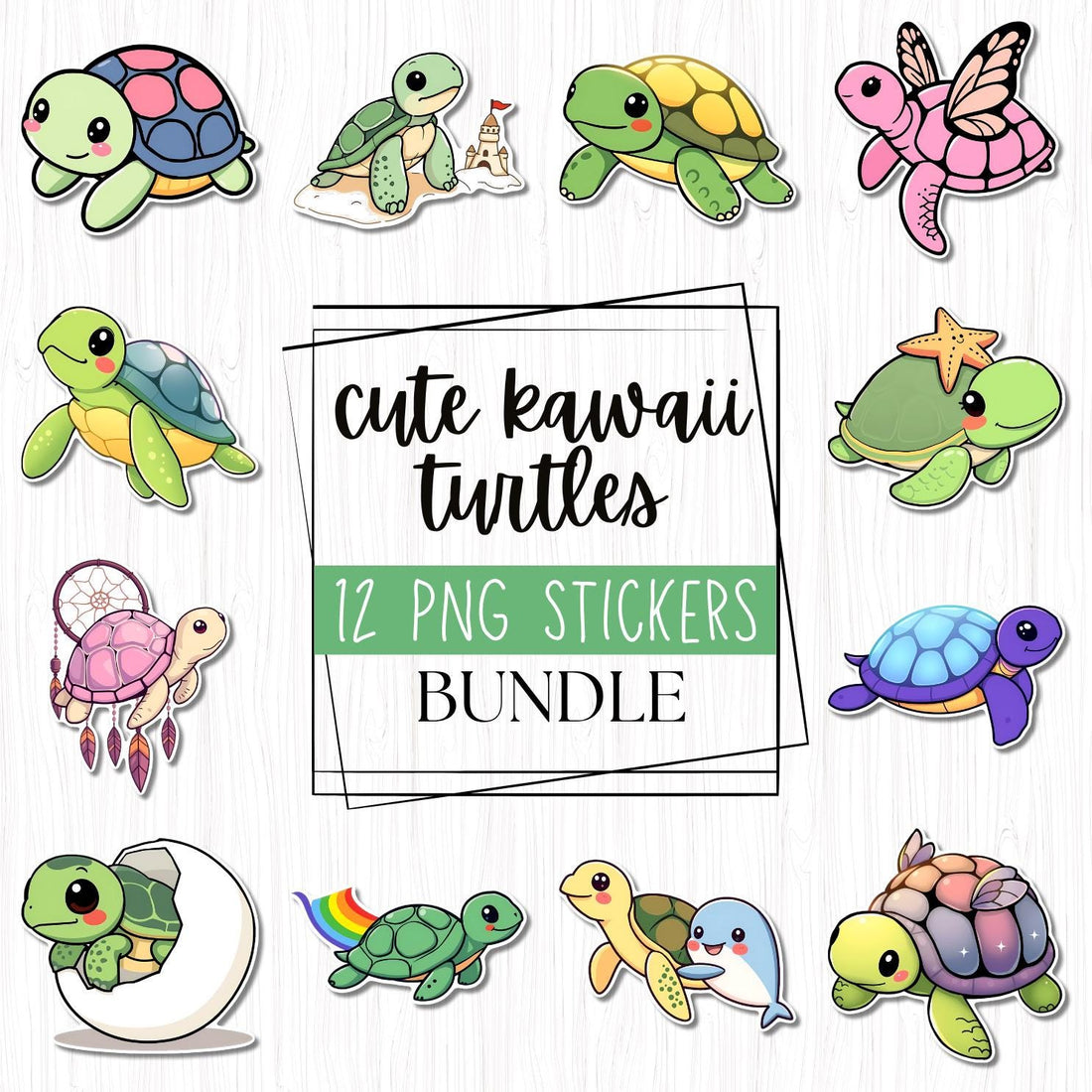 Kawaii Turtle Sticker Bundle, 12 Adorable Printable PNG Sea Animal Stickers, Digital Download, Print and Cut Cricut, Scrapbooking & Planners