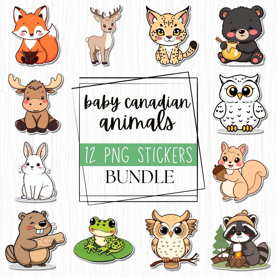 Baby Canadian Animal Sticker Bundle, 12 Adorable Printable PNG Stickers, Digital Download, Print and Cut Cricut, Scrapbooking & Planners