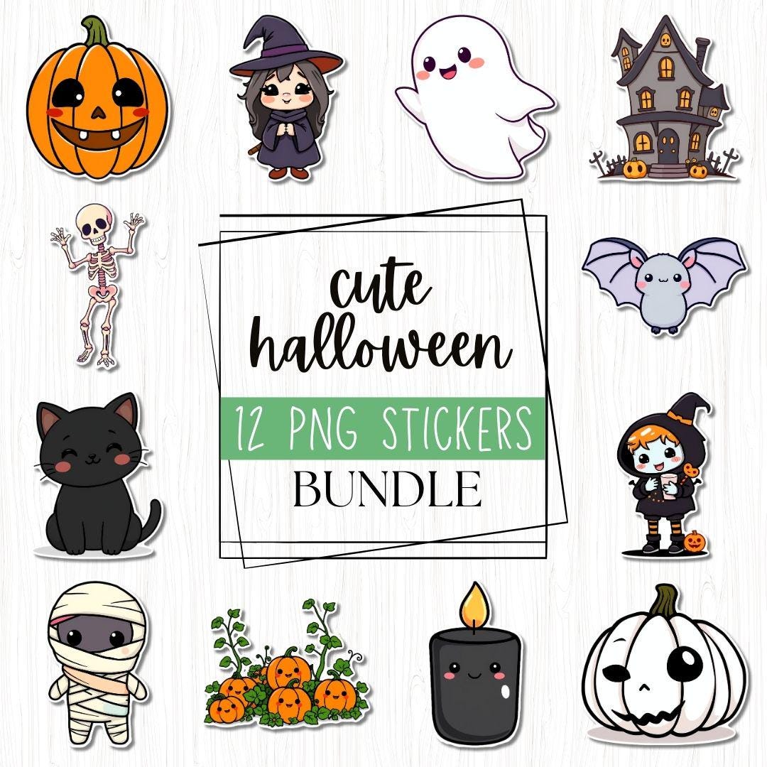 Cute Halloween Sticker Bundle, 12 Adorable Printable PNG Stickers, Digital Download, Print and Cut Cricut, Scrapbooking & Planners