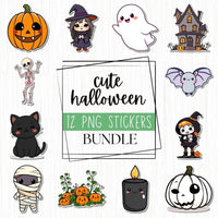 Cute Halloween Sticker Bundle, 12 Adorable Printable PNG Stickers, Digital Download, Print and Cut Cricut, Scrapbooking & Planners