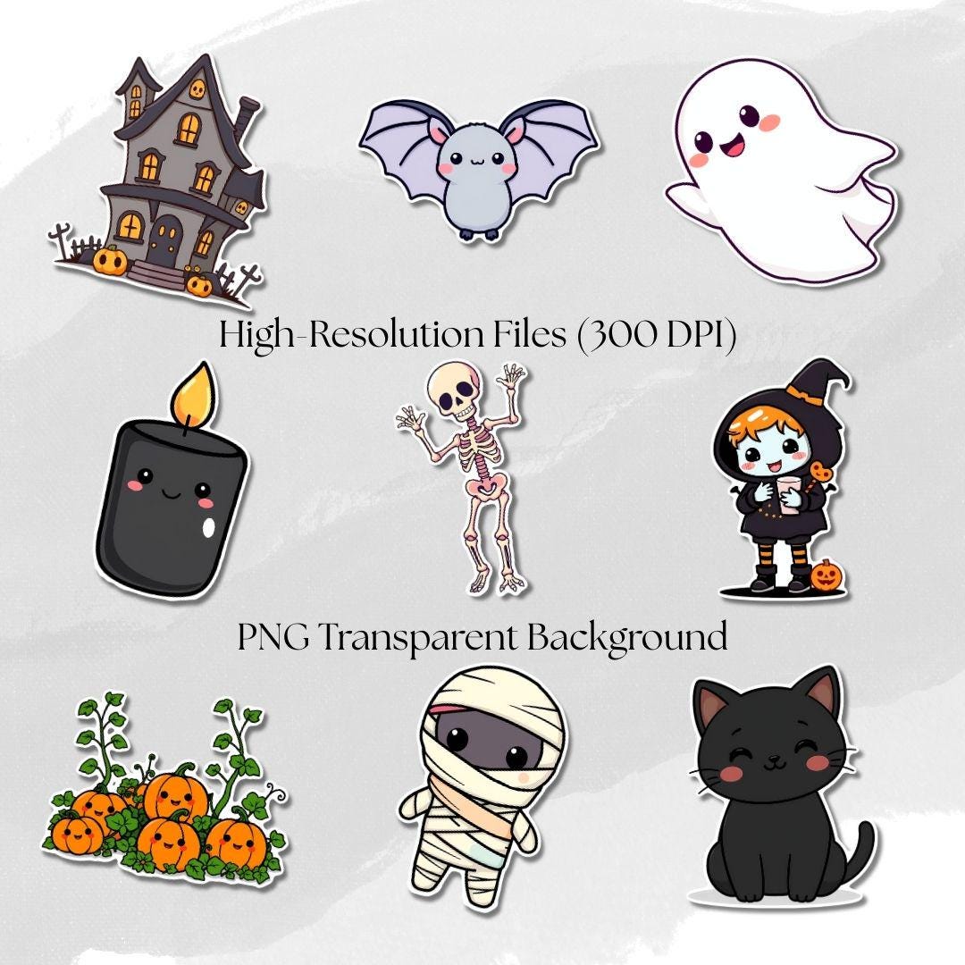 Cute Halloween Sticker Bundle, 12 Adorable Printable PNG Stickers, Digital Download, Print and Cut Cricut, Scrapbooking & Planners