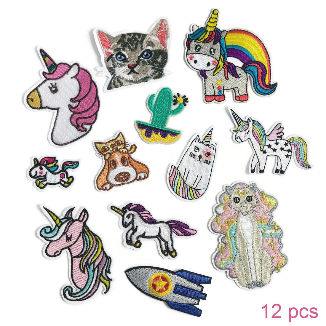 12pcs Kawai assorted patch bundle, Cat lover iron on patch, Unicorn embroidered sew on patches, Cactus appliques