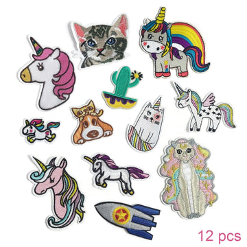 12pcs Kawai assorted patch bundle, Cat lover iron on patch, Unicorn embroidered sew on patches, Cactus appliques