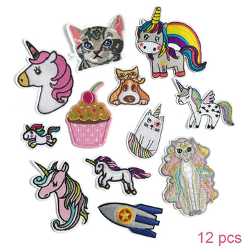 12pcs Whimsical assorted patch bundle, Cat lover iron on patch, Unicorn embroidered sew on patches