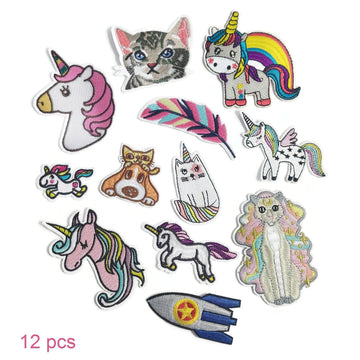 12pcs Aesthetic assorted patch bundle, Cat lover iron on patch, Unicorn embroidered sew on patches, Cactus appliques