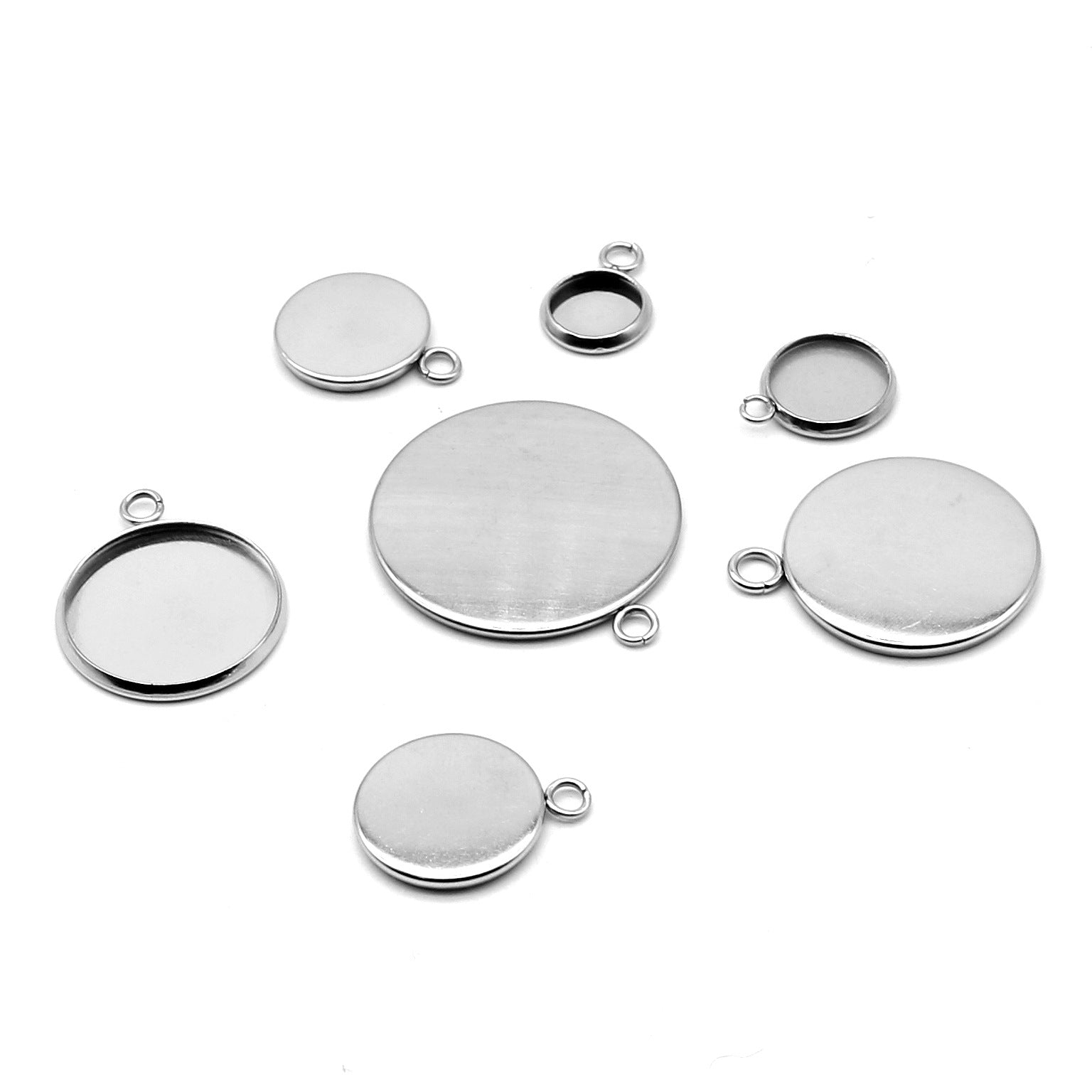 10 Stainless steel pendant cabochon settings, flat round, 6, 8, 10, 12 or 14mm tray
