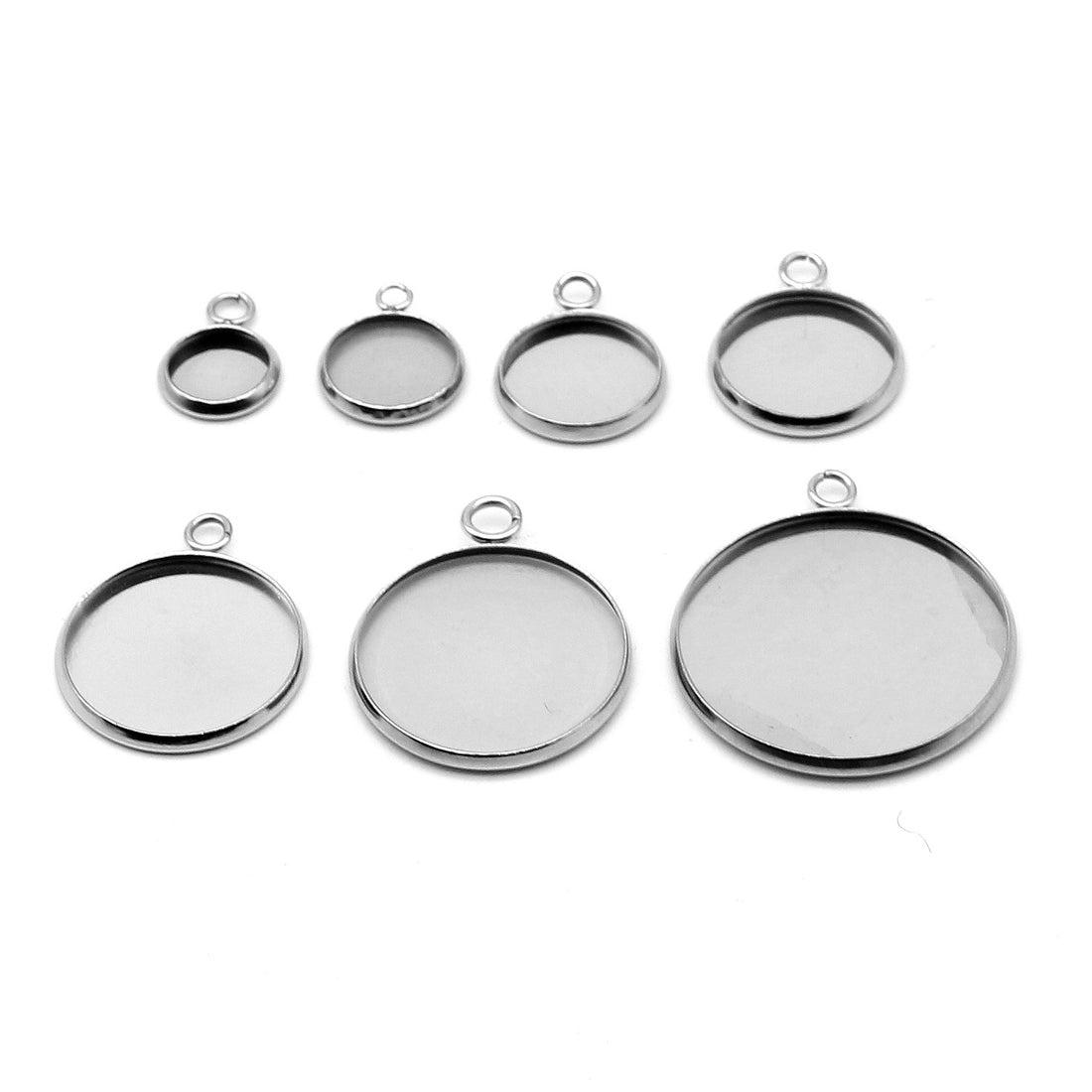 10 Stainless steel pendant cabochon settings, flat round, 6, 8, 10, 12 or 14mm tray