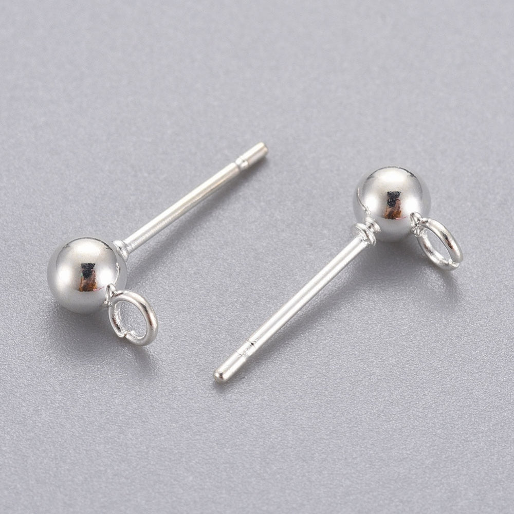 10 ball post with loop, Bright silver stainless steel, 4mm