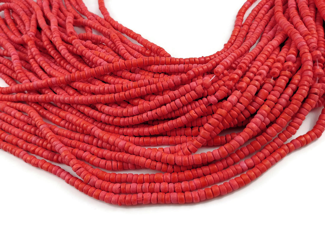 Coral red coconut beads - Wood rondelle disk beads 5mm