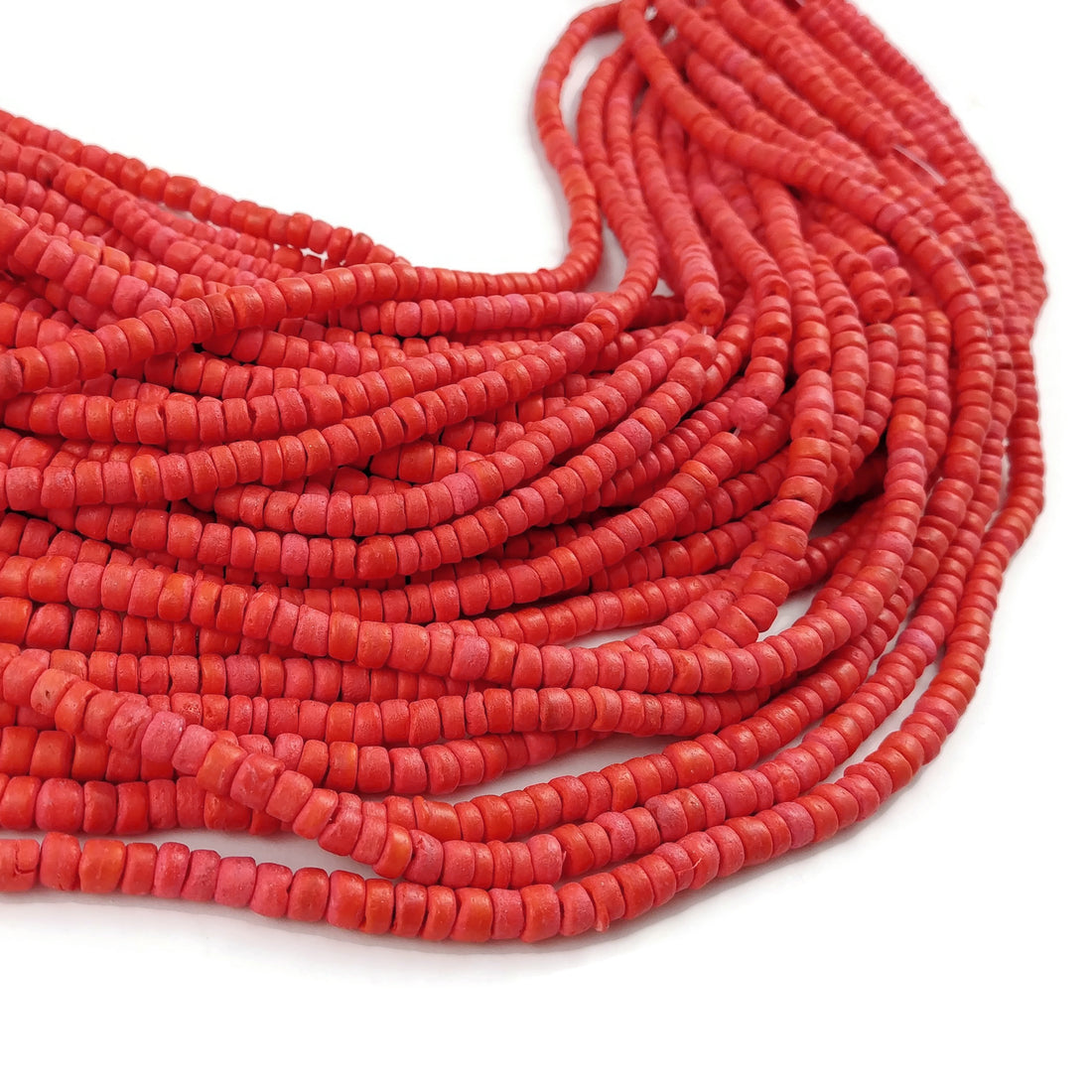 Coral red coconut beads - Wood rondelle disk beads 5mm
