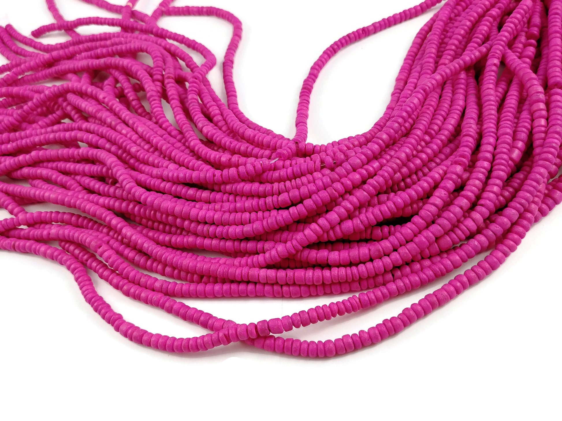 Perles de bois de coco rose fushia en rondelle de 4-5mm