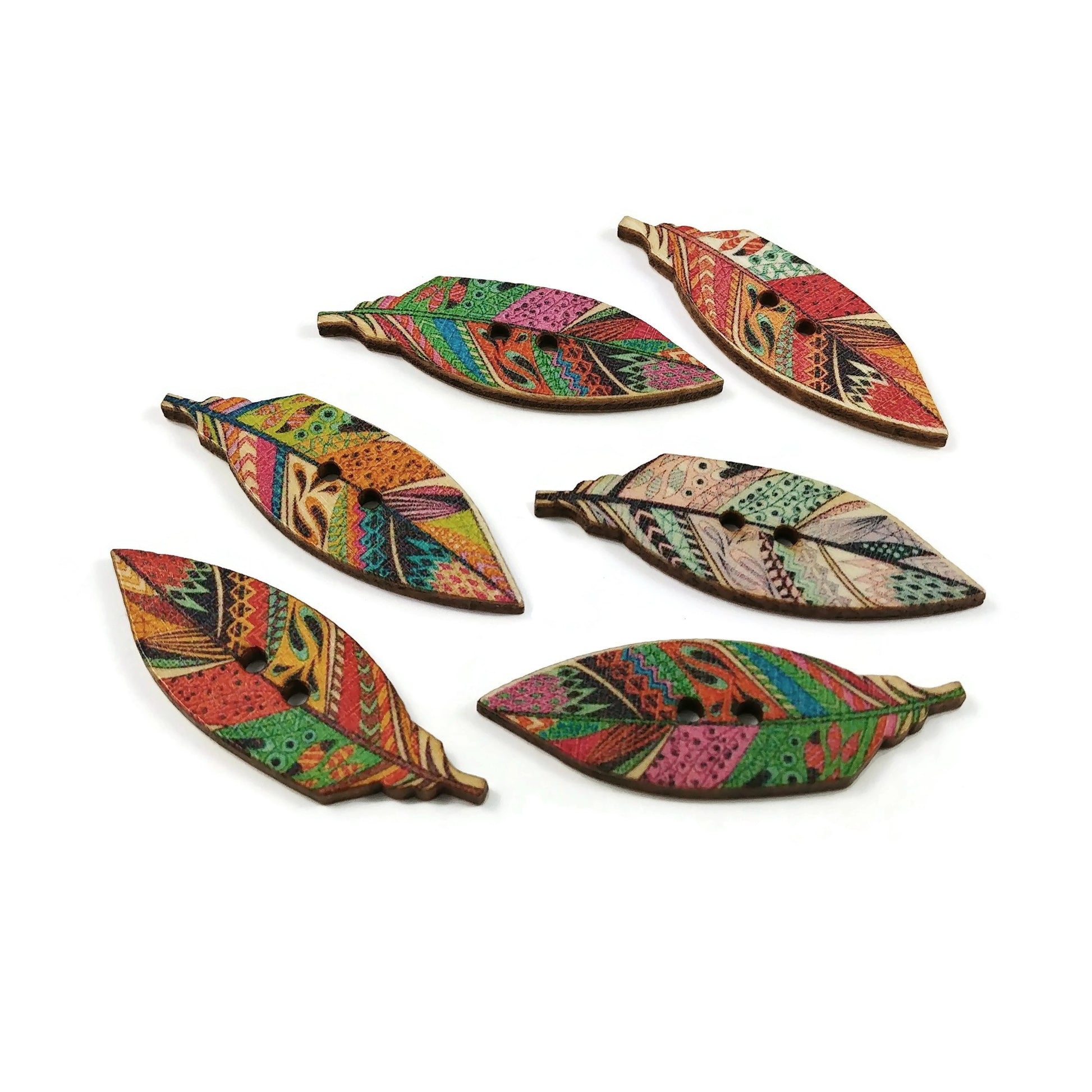 Indian feather wood sewing buttons - 6 Mixed Patterns scrapbooking buttons