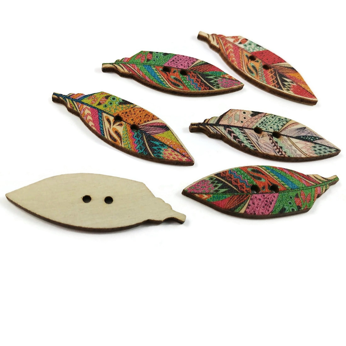 Indian feather wood sewing buttons - 6 Mixed Patterns scrapbooking buttons