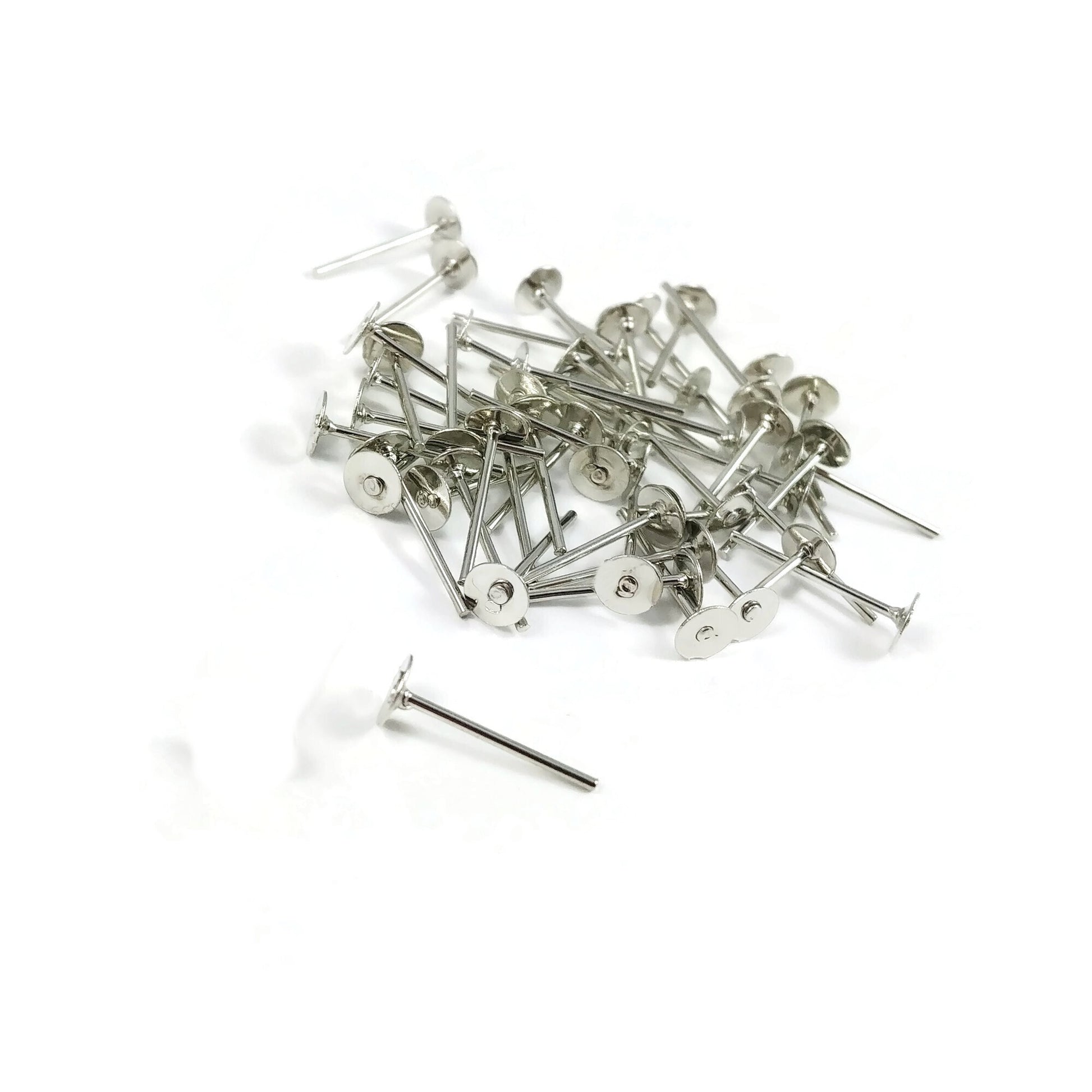 50 Earring stud posts, 4mm pad, silver. Nickel free, lead free and cadmium free