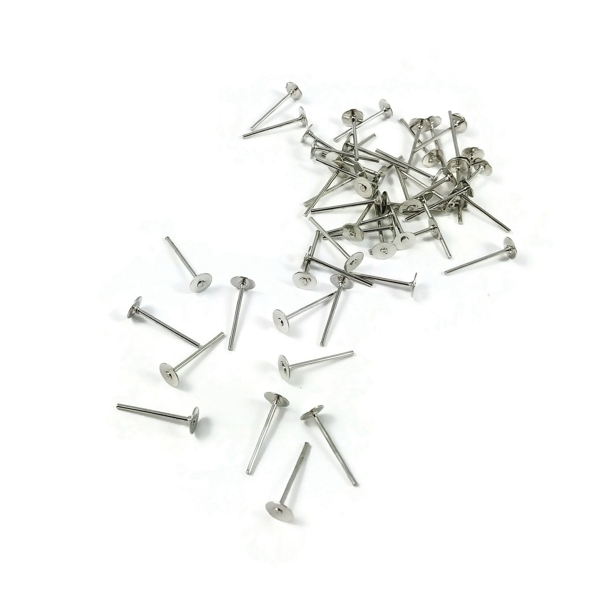 50 Earring stud posts, 4mm pad, silver. Nickel free, lead free and cadmium free