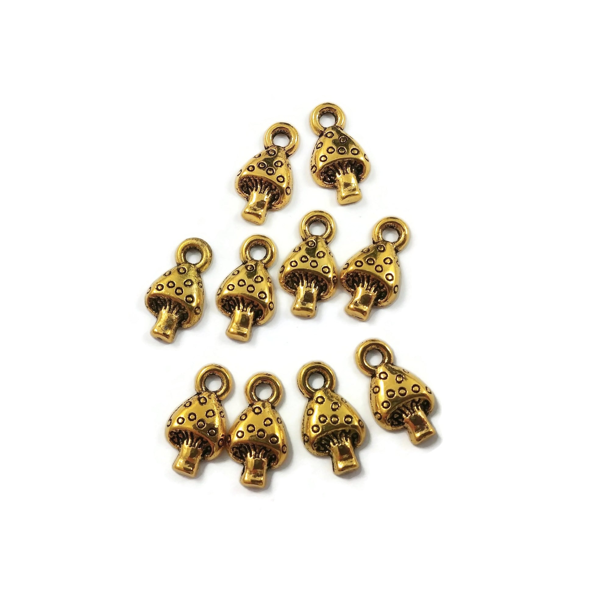 10 tiny mushroom metal pendants 13mm - Nickel free, lead free and cadmium free
