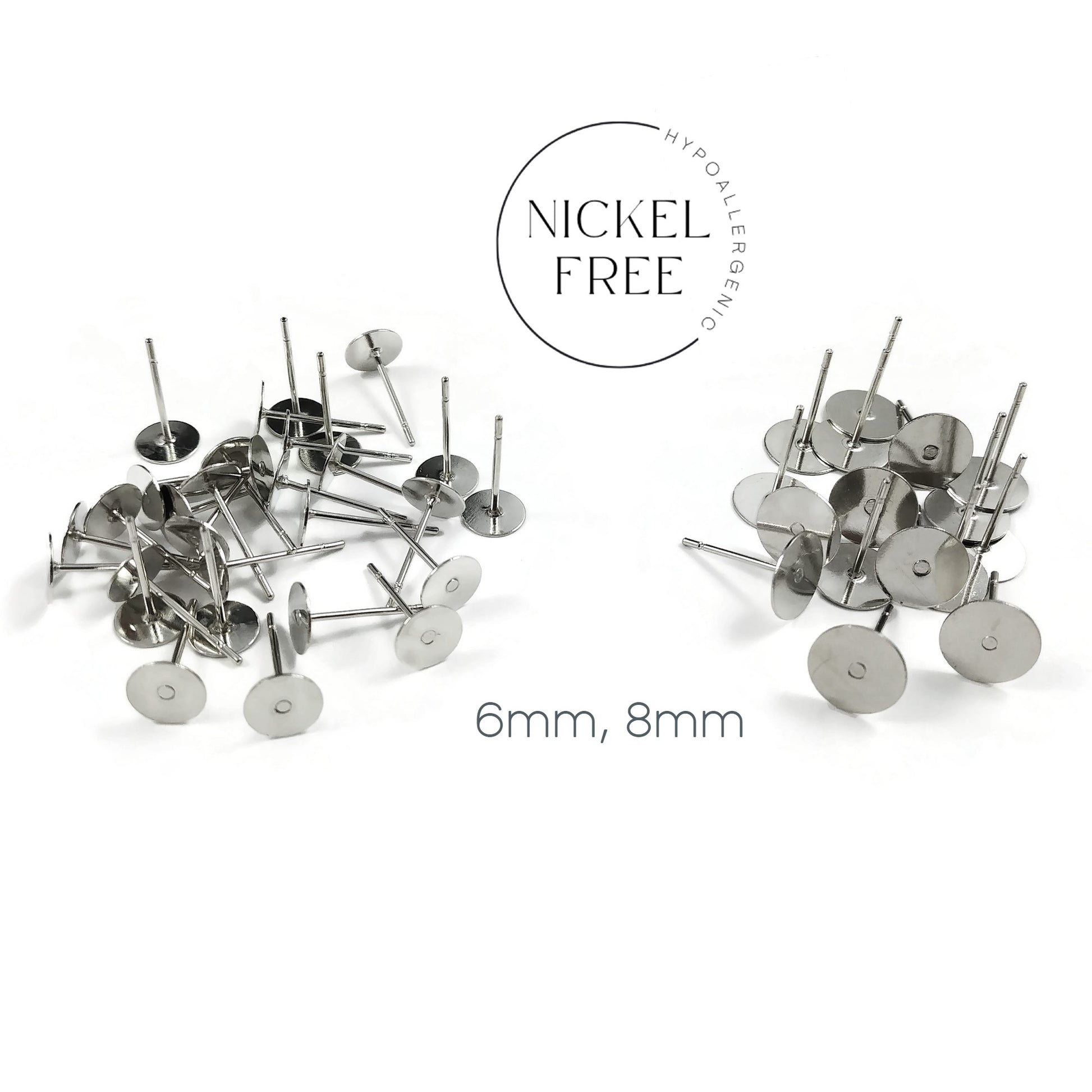 50 Earring stud posts, 6mm 8mm pad